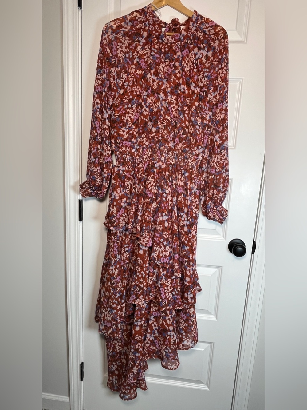 ARULA Rust Floral Tiered Long-Sleeve Maxi Dress with Pink Accents